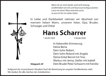 Traueranzeige von Hans Scharrer von Hersbrucker Zeitung