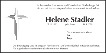 Traueranzeige von Helene Stadler von Pegnitz-Zeitung