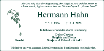 Traueranzeige von Hermann Hahn von Der Bote