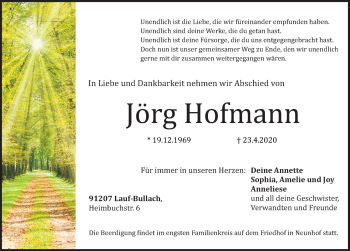 Traueranzeige von Jörg Hofmann von Pegnitz-Zeitung