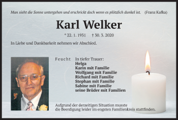 Traueranzeige von Karl Welker von Der Bote
