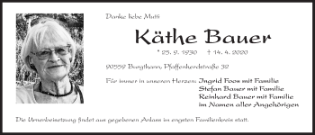 Traueranzeige von Käthe Bauer von Der Bote