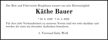 Traueranzeige von Käthe Bauer von Der Bote