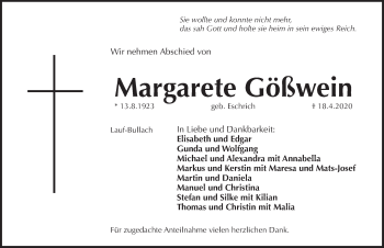 Traueranzeige von Margarete Gößwein von Pegnitz-Zeitung