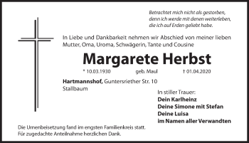 Traueranzeige von Margarete Herbst von Hersbrucker Zeitung