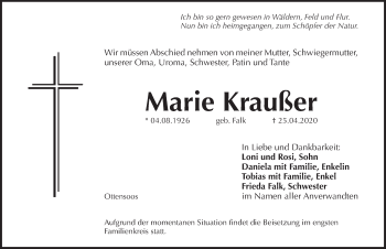 Traueranzeige von Marie Kraußer von Pegnitz-Zeitung