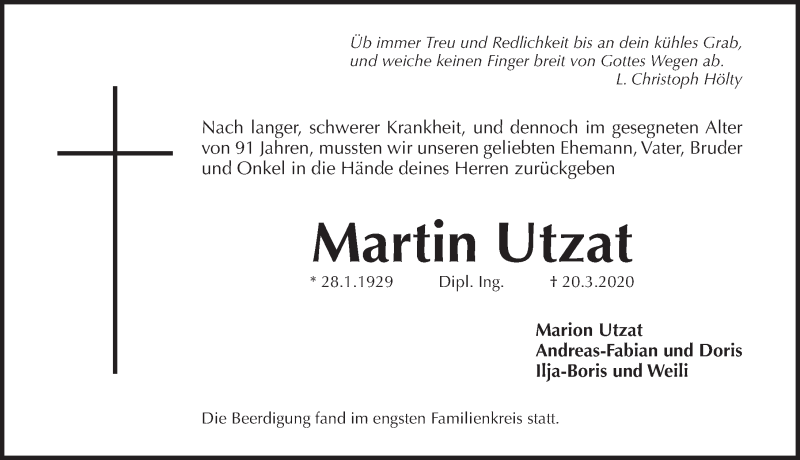  Traueranzeige für Martin Utzat vom 01.04.2020 aus Pegnitz-Zeitung
