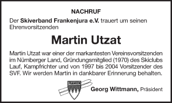 Traueranzeige von Martin Utzat von Pegnitz-Zeitung