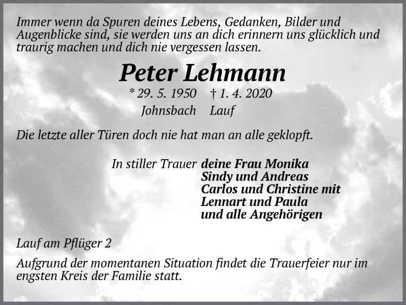  Traueranzeige für Peter Lehmann vom 08.04.2020 aus Pegnitz-Zeitung