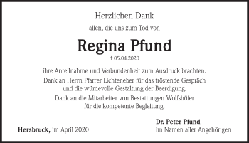 Traueranzeige von Regina Pfund von Hersbrucker Zeitung