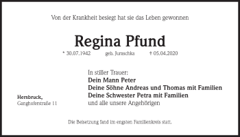 Traueranzeige von Regina Pfund von Hersbrucker Zeitung