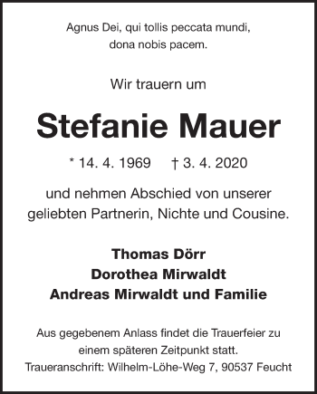 Traueranzeige von Stefanie Mauer von Der Bote
