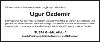 Traueranzeige von Ugur Özdemir von Der Bote