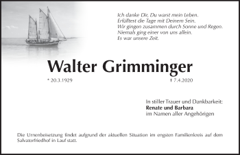Traueranzeige von Walter Grimminger von Pegnitz-Zeitung