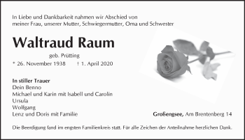 Traueranzeige von Waltraud Raum von Pegnitz-Zeitung