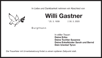 Traueranzeige von Willi Gastner von Der Bote