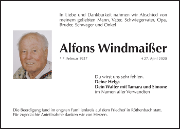 Traueranzeige von Alfons Windmaißer von Pegnitz-Zeitung