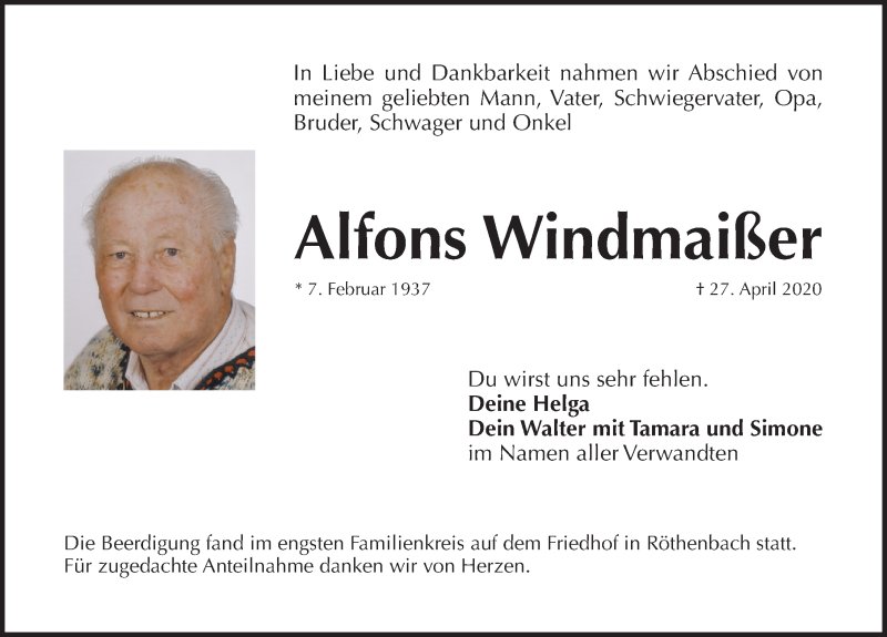  Traueranzeige für Alfons Windmaißer vom 09.05.2020 aus Pegnitz-Zeitung