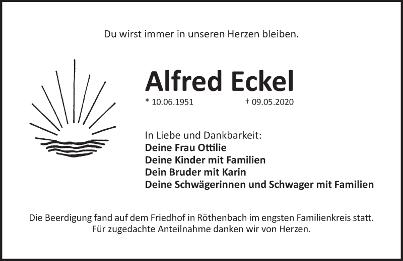  Traueranzeige für Alfred Eckel vom 16.05.2020 aus Pegnitz-Zeitung