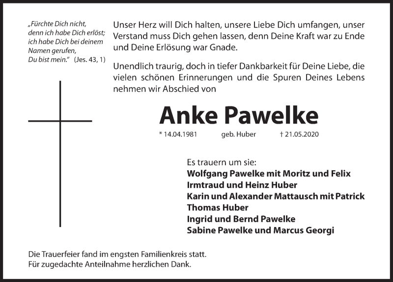  Traueranzeige für Anke Pawelke vom 30.05.2020 aus Hersbrucker Zeitung