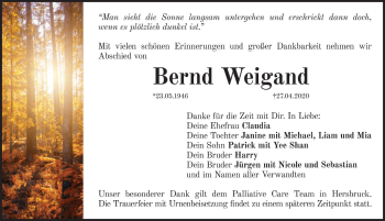 Traueranzeige von Bernd Weigand von Pegnitz-Zeitung