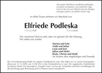 Traueranzeige von Elfriede Podleska von Pegnitz-Zeitung