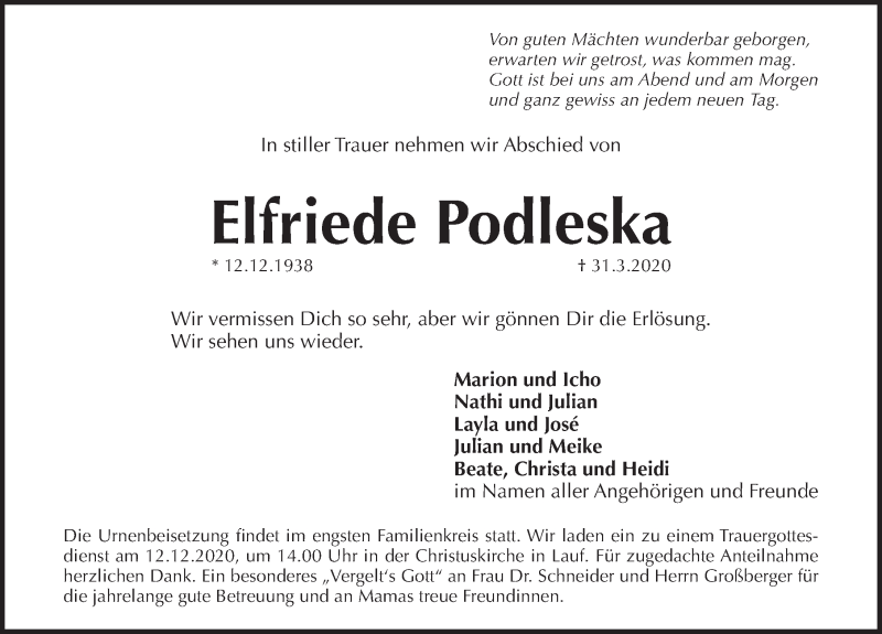  Traueranzeige für Elfriede Podleska vom 09.05.2020 aus Pegnitz-Zeitung