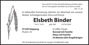 Traueranzeige von Elsbeth Binder von Hersbrucker Zeitung