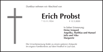 Traueranzeige von Erich Probst von Pegnitz-Zeitung