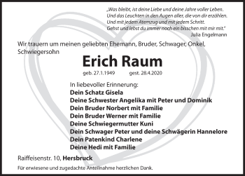 Traueranzeige von Erich Raum von Hersbrucker Zeitung