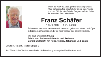 Traueranzeige von Franz Schäfer von Der Bote