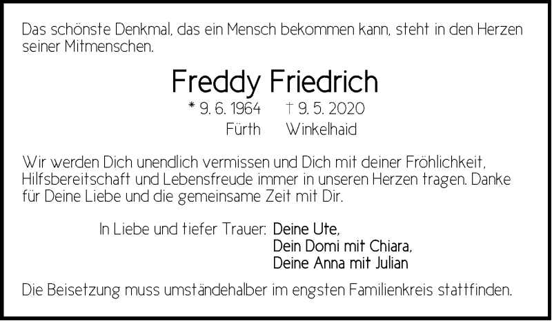  Traueranzeige für Freddy Friedrich vom 16.05.2020 aus Der Bote