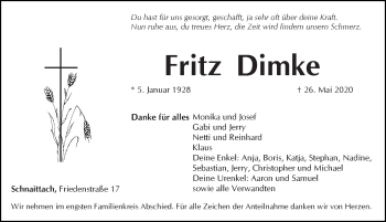 Traueranzeige von Fritz Dimke von Pegnitz-Zeitung