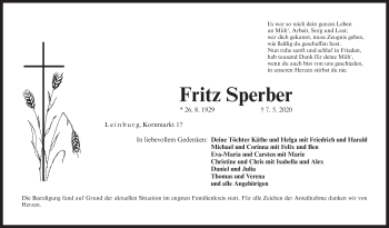 Traueranzeige von Fritz Sperber von Der Bote