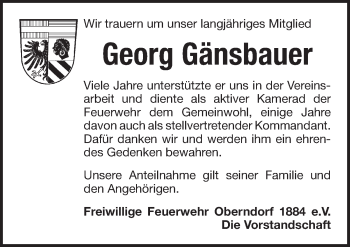 Traueranzeige von Georg Gänsbauer von Pegnitz-Zeitung