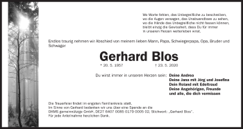 Traueranzeige von Gerhard Blos von Der Bote