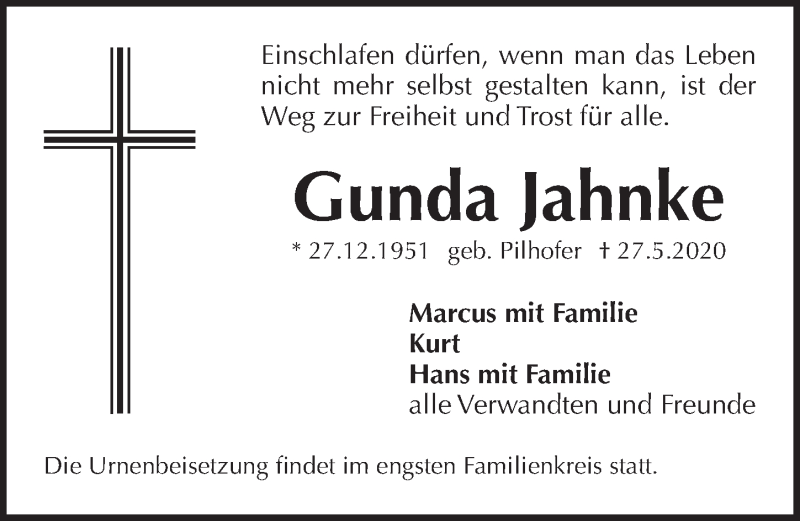  Traueranzeige für Gunda Jahnke vom 30.05.2020 aus Pegnitz-Zeitung