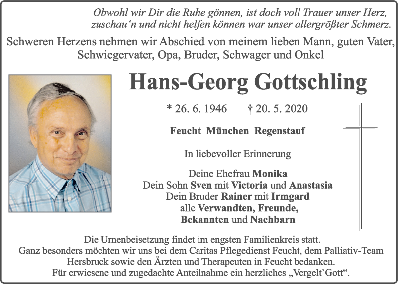  Traueranzeige für Hans-Georg Gottschling vom 23.05.2020 aus Der Bote