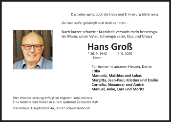 Traueranzeige von Hans Groß von Der Bote