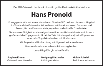 Traueranzeige von Hans Pronold von Hersbrucker Zeitung