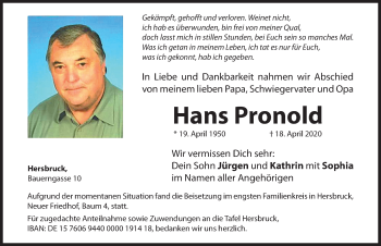 Traueranzeige von Hans Pronold von Hersbrucker Zeitung