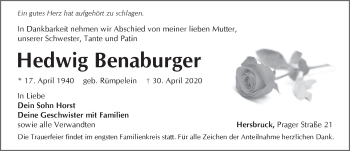 Traueranzeige von Hedwig Benaburger von Hersbrucker Zeitung