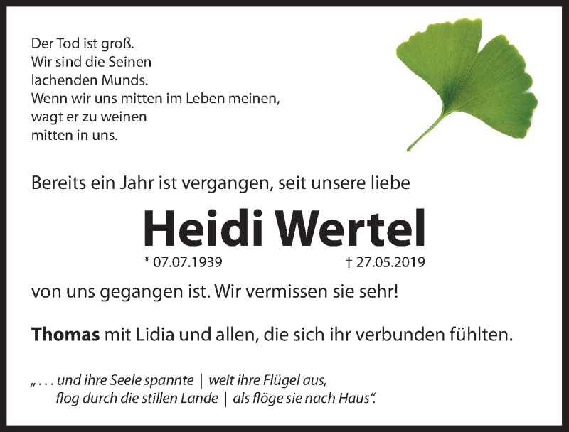  Traueranzeige für Heidi Wertel vom 27.05.2020 aus Hersbrucker Zeitung