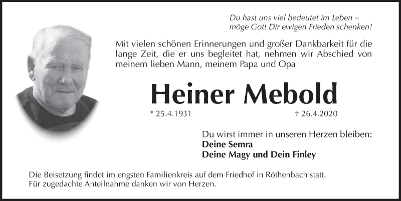  Traueranzeige für Heiner Mebold vom 01.05.2020 aus Pegnitz-Zeitung