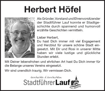 Traueranzeige von Herbert Höfel von Pegnitz-Zeitung