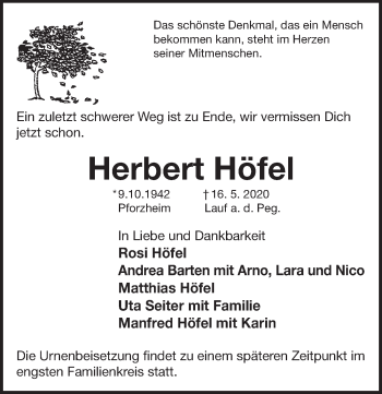 Traueranzeige von Herbert Höfel von Pegnitz-Zeitung