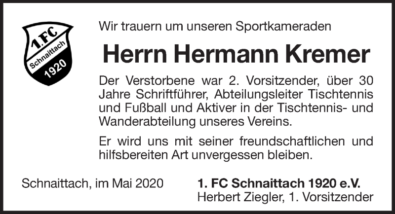  Traueranzeige für Hermann Kremer vom 20.05.2020 aus Pegnitz-Zeitung