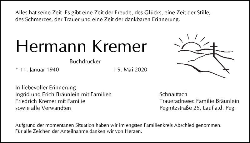  Traueranzeige für Hermann Kremer vom 20.05.2020 aus Pegnitz-Zeitung