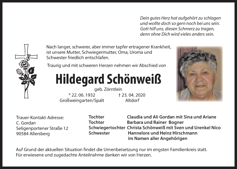  Traueranzeige für Hildegard Schönweiß vom 01.05.2020 aus Der Bote