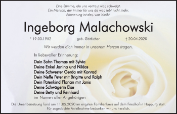 Traueranzeige von Ingeborg Malachowski von Hersbrucker Zeitung